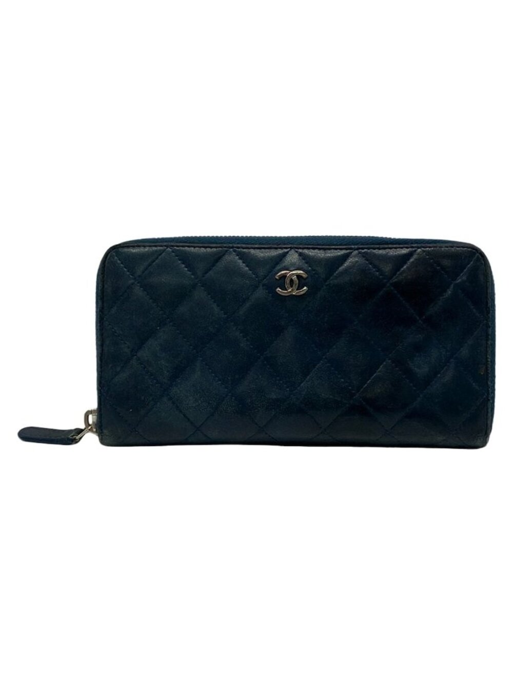 Chanel Wallet Quilted Dark Navy Zip Around Lambskin
